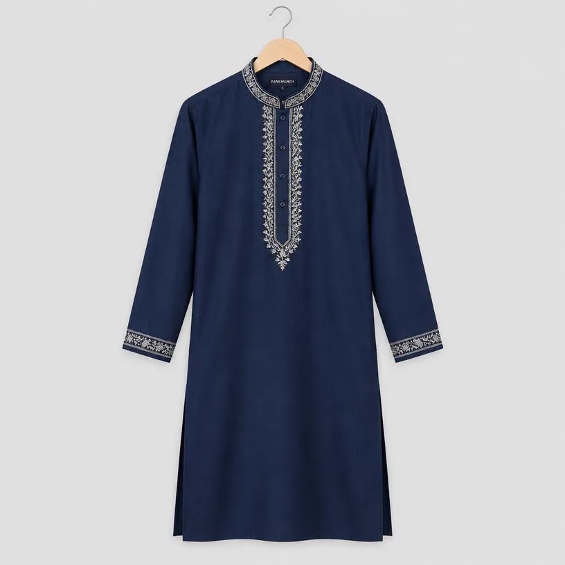 Navy Embroidered Kurta for Men